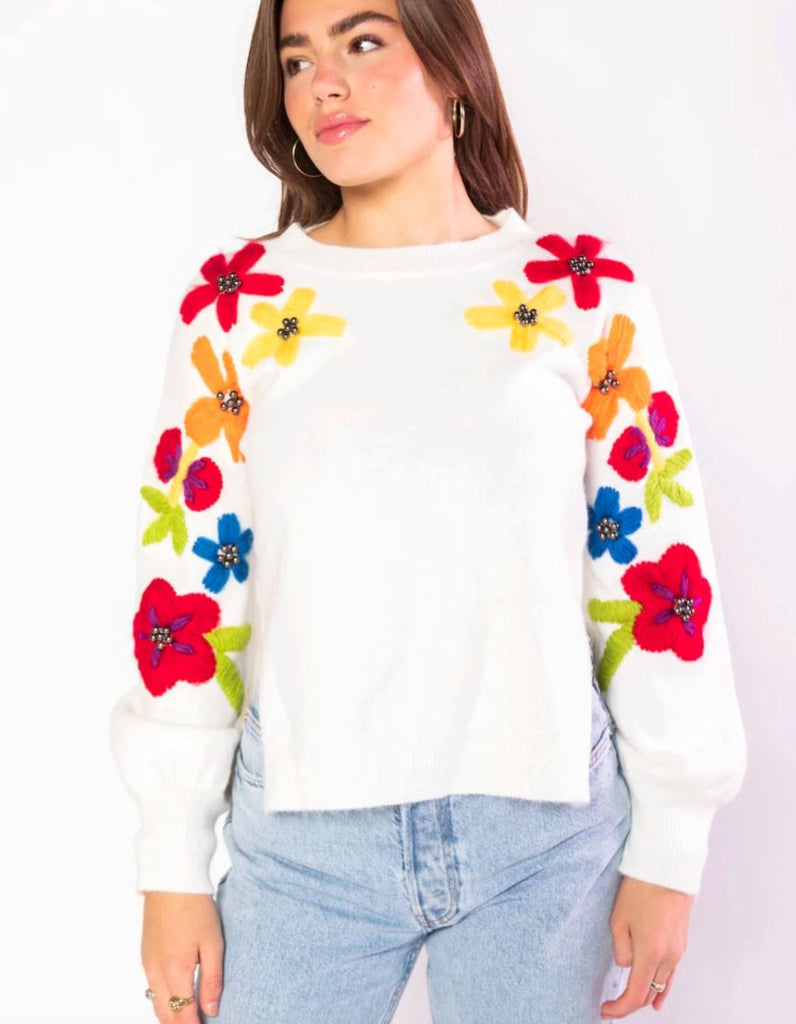 Embroidered Floral Cream Sweater sweater Molly Moran 
