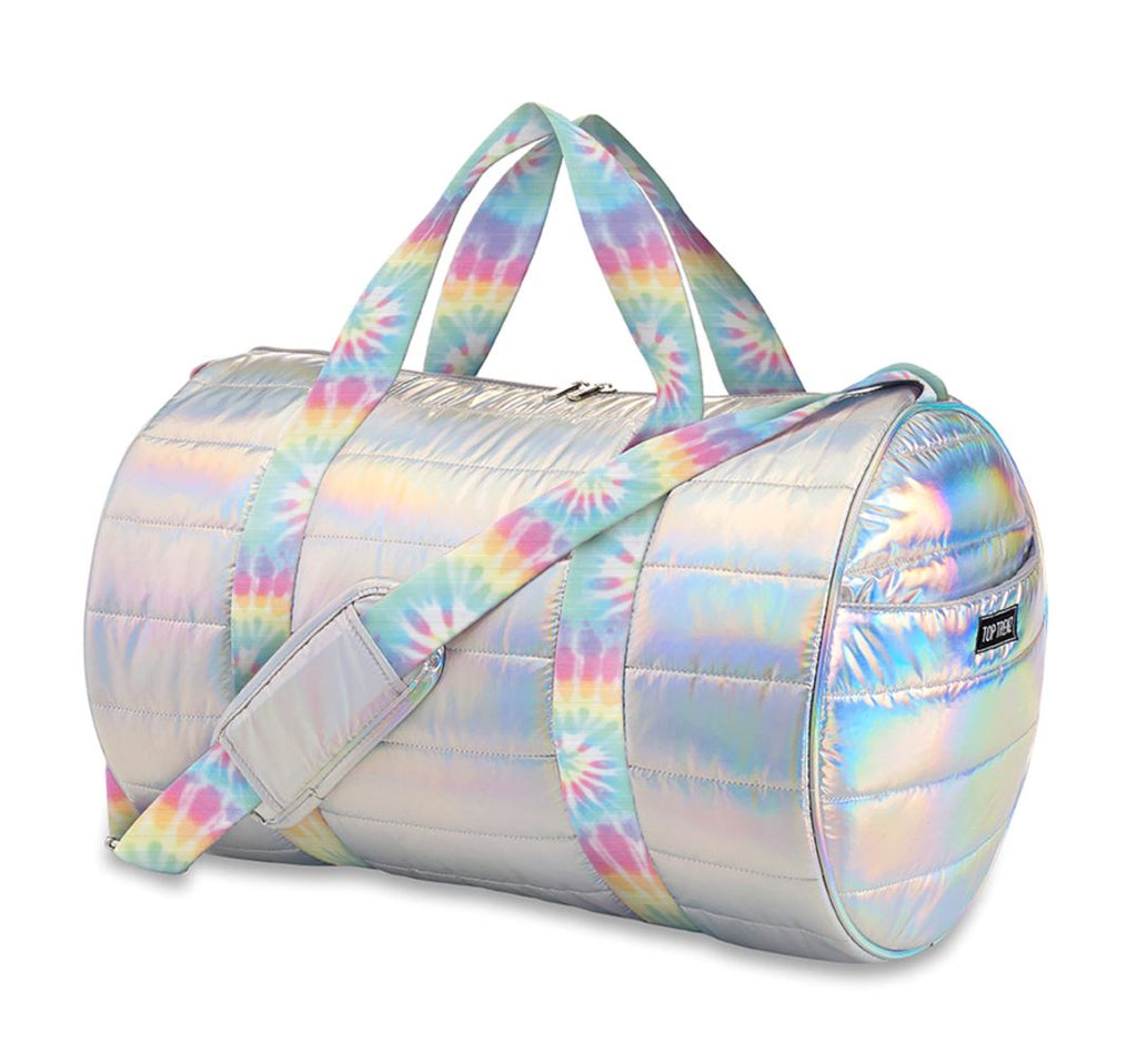 Iridescent Puffer Duffle Bag with Tie Dye Straps Accessories Top Trenz 
