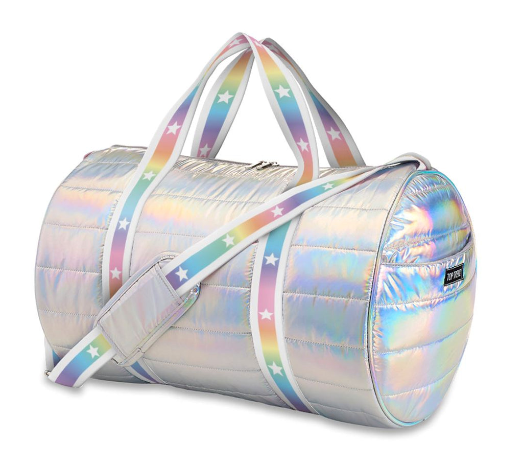 Iridescent Puffer Duffle Bag with White Gradient Star Straps Accessories Top Trenz 